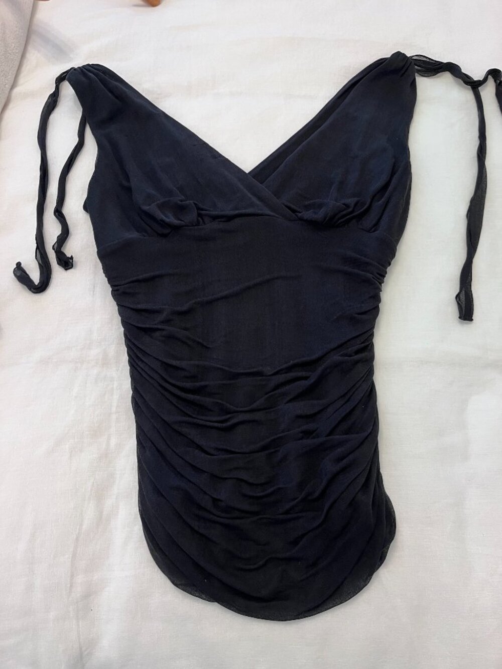 Vintage DVF Black Silk Chiffon Ruched Draped Evening Top, Size L, US 8-10 - Picture 4 of 11